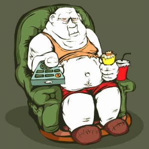 cartoon image of fat person eating ice cream on a chair at home