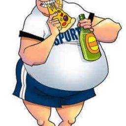image of fat cartoon character eating pizza with a shirt that says sports on it