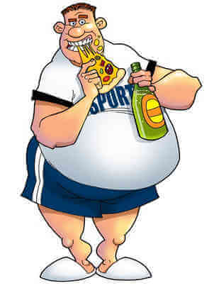 image of fat cartoon character eating pizza with a shirt that says sports on it