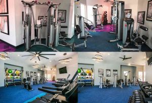 4 photos combined into one showing various weight and fitness equipment