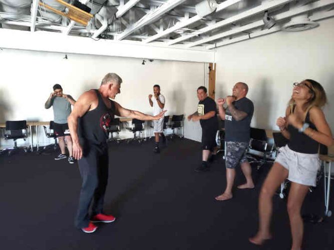 corporate wellness program teaching martial arts exercises and having fun laughing while doing it