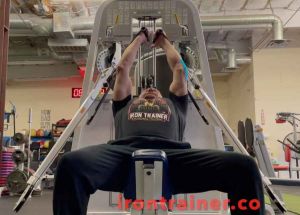 personal trainer on an incline bench performing a cable exercise for chest